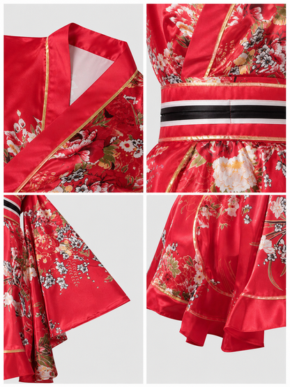 Kimono with Belt and Short Skirt, Floral Print