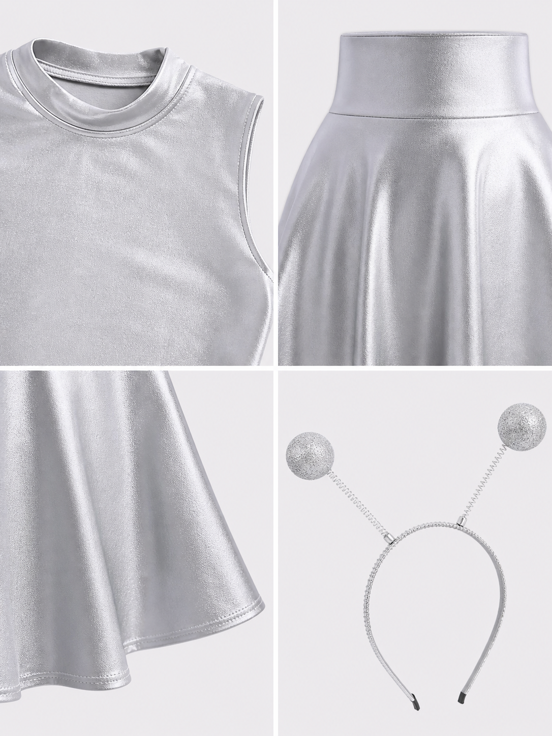 Silver stage costume: top, skirt, and headband