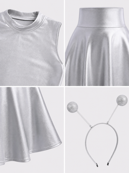 Silver stage costume: top, skirt, and headband