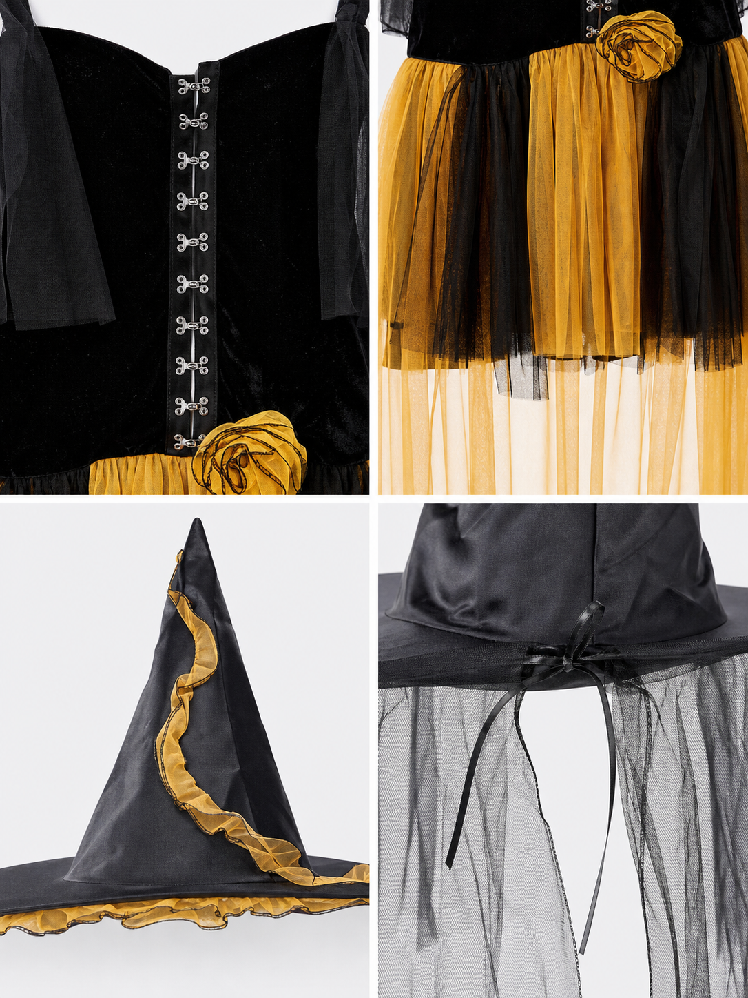 Witch-Style Costume Dress with a Yellow and Black Skirt