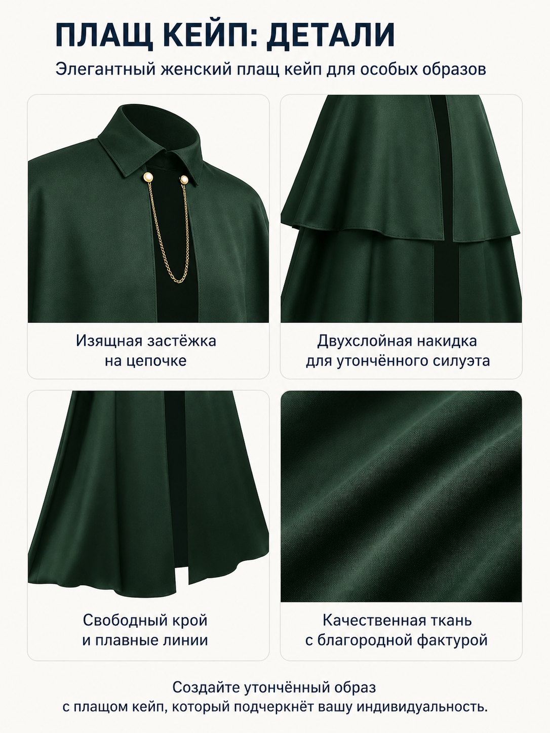 Cape Cloak with Stand Collar and Gold-Tone Chain detail view