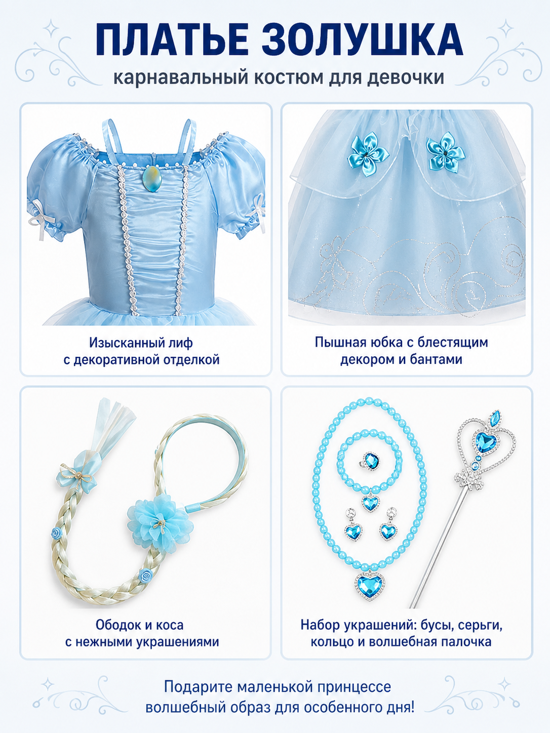 Children’s Cinderella costume with crown and dress detail view
