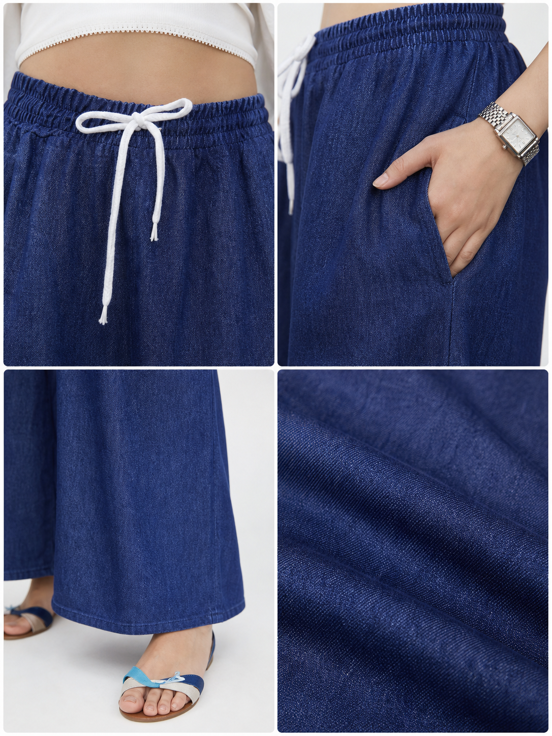 Dark Blue Palazzo Pants with an Elastic Waistband and White Drawstring detail view 2