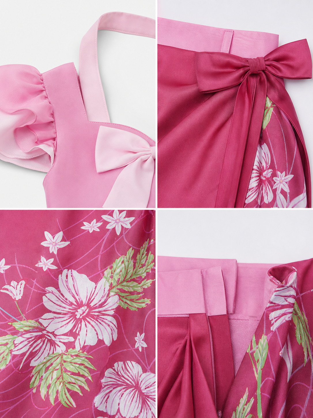 This cosplay set is designed as a short-sleeve crop top and a long skirt. It includes a top, a half-skirt, and decorative bows. There is a bow on the chest of the top, and another bow is placed on the side of the skirt waist. The top has an