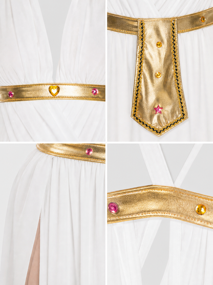 White Cleopatra Costume with Gold Decor for Cosplay detail view