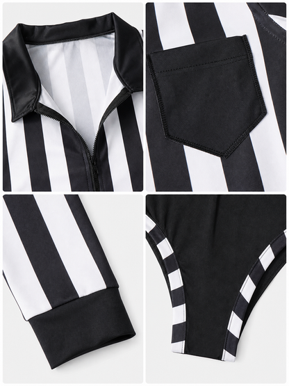 Black and White Striped Jumpsuit with Notched Collar