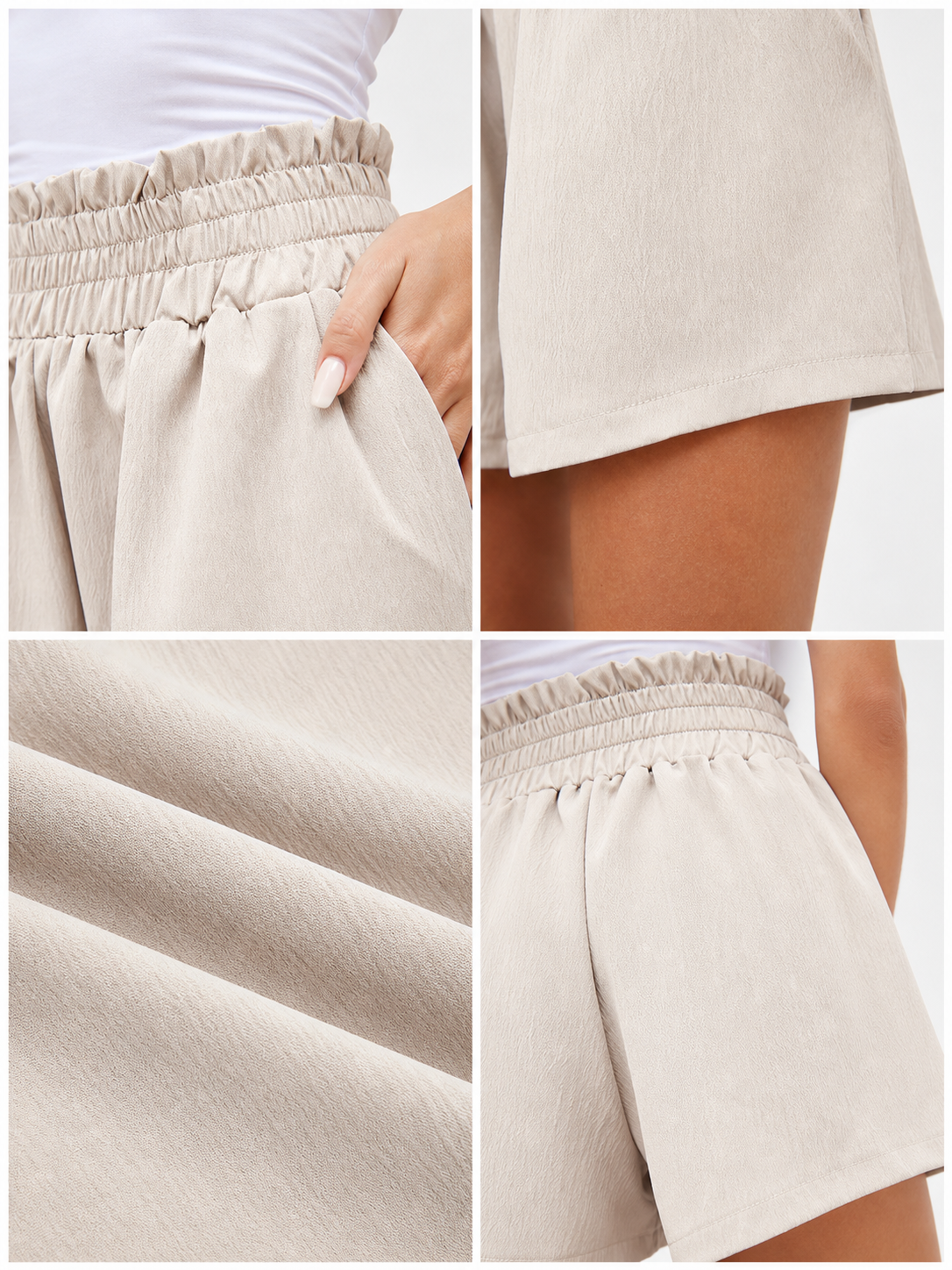 Information card showing close-ups of the shorts' gathered waistband, side pocket, hem, and lightly textured fabric