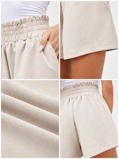 Information card showing close-ups of the shorts' gathered waistband, side pocket, hem, and lightly textured fabric