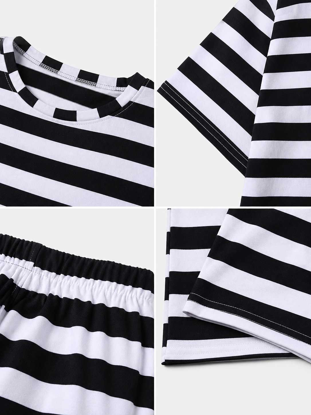 Children’s striped costume for themed outfits. The set is made in contrasting black and white: horizontal stripes appear on the short-sleeve top, pants, and headwear. This pattern immediately creates a recognizable dress-up look and helps a