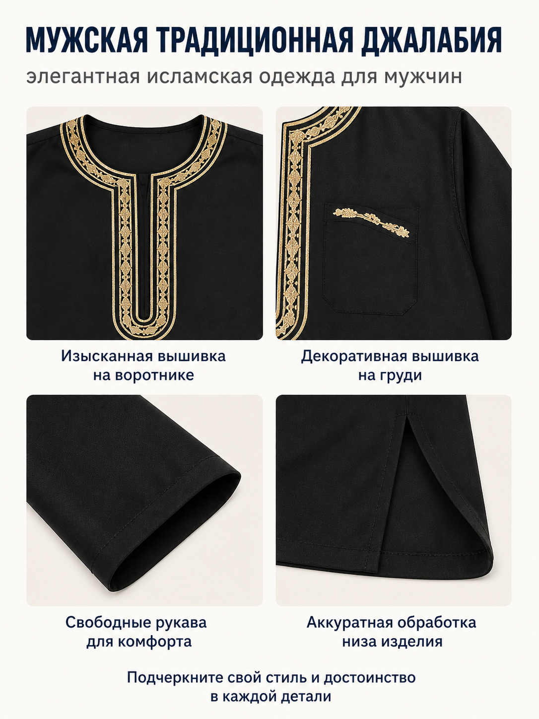 Long Black Abaya with Gold Collar Trim detail view 2