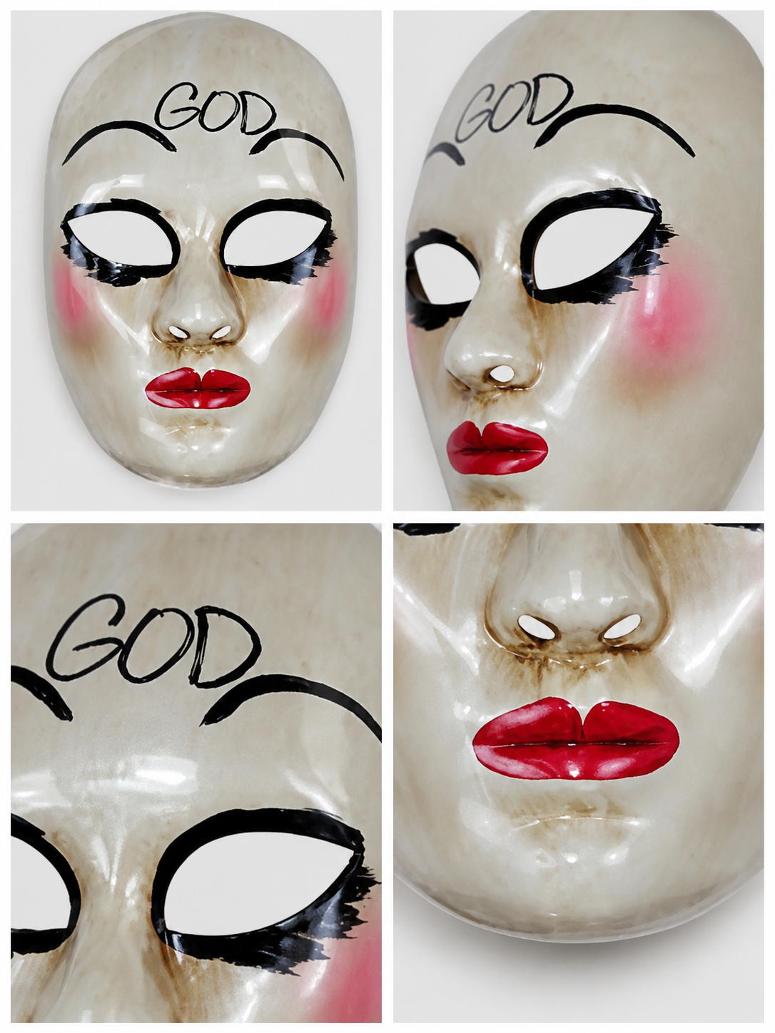 Information card showing front, side, and close-up views of the white mask, highlighting the forehead lettering, eye makeup, nose, cheeks, and lips