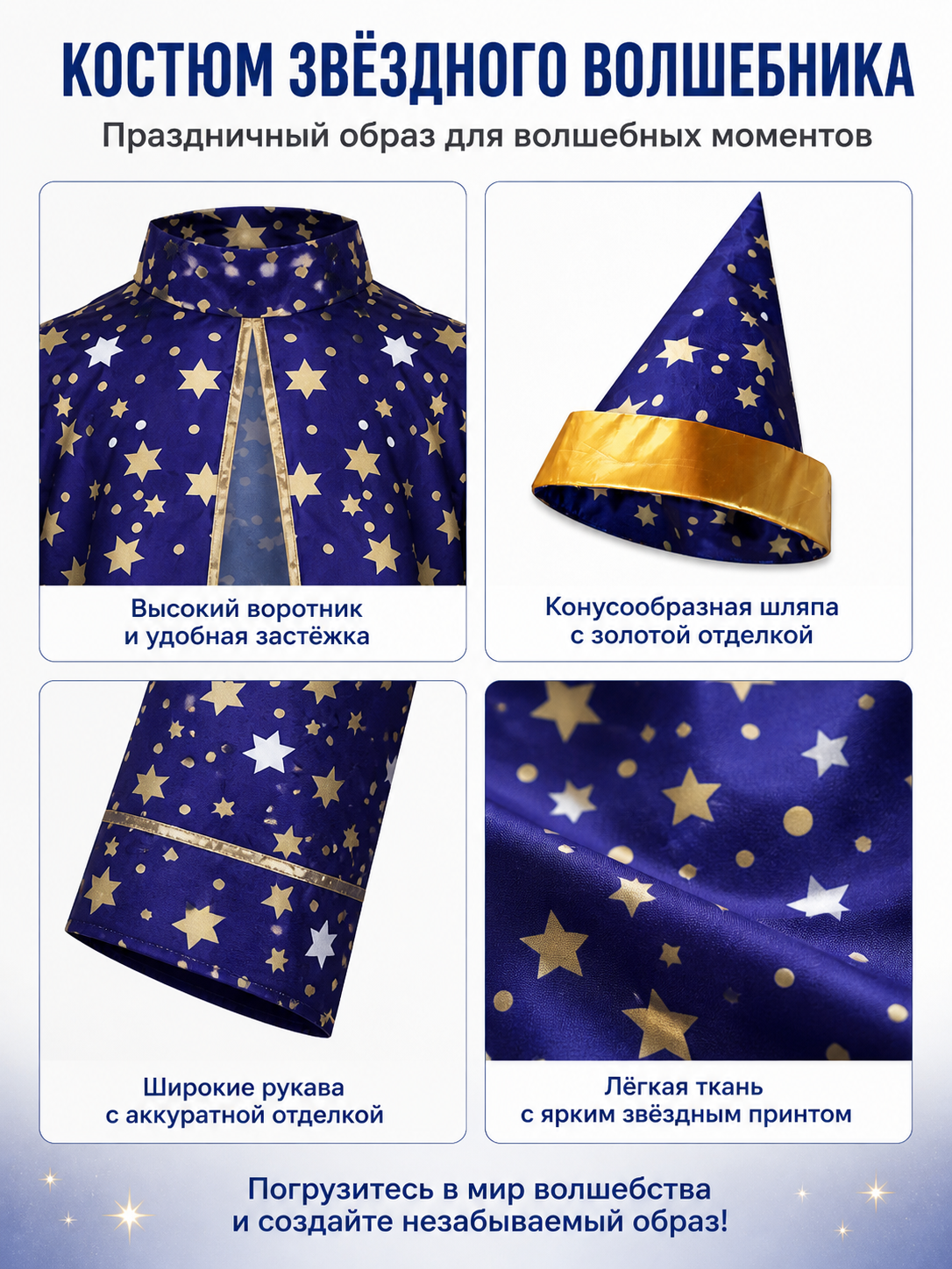 Blue Wizard Costume with Stars and a Pointed Hat detail view