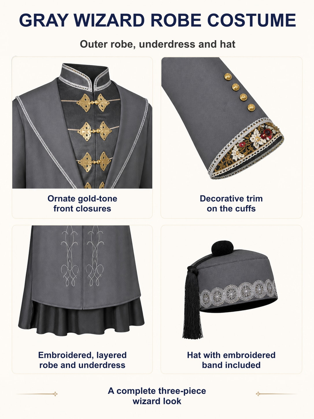 Detail views of the wizard costume: gold-tone front closures, decorative cuff trim, layered embroidered robe and the included hat