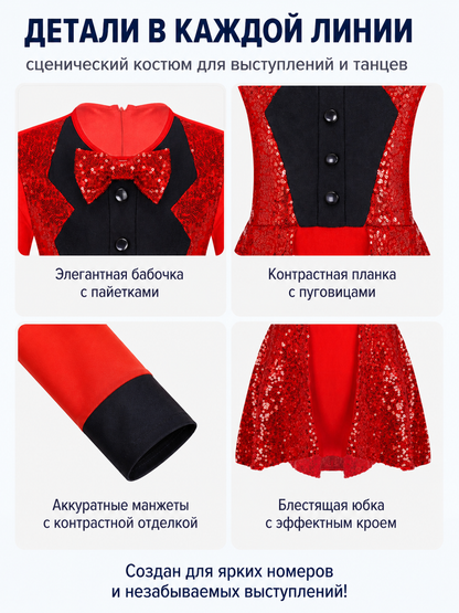 Red and Black Sequin Carnival Dress with Bow detail view