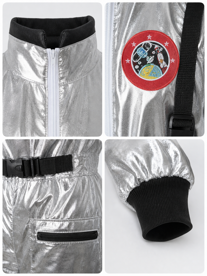 Silver astronaut costume with pockets and emblems