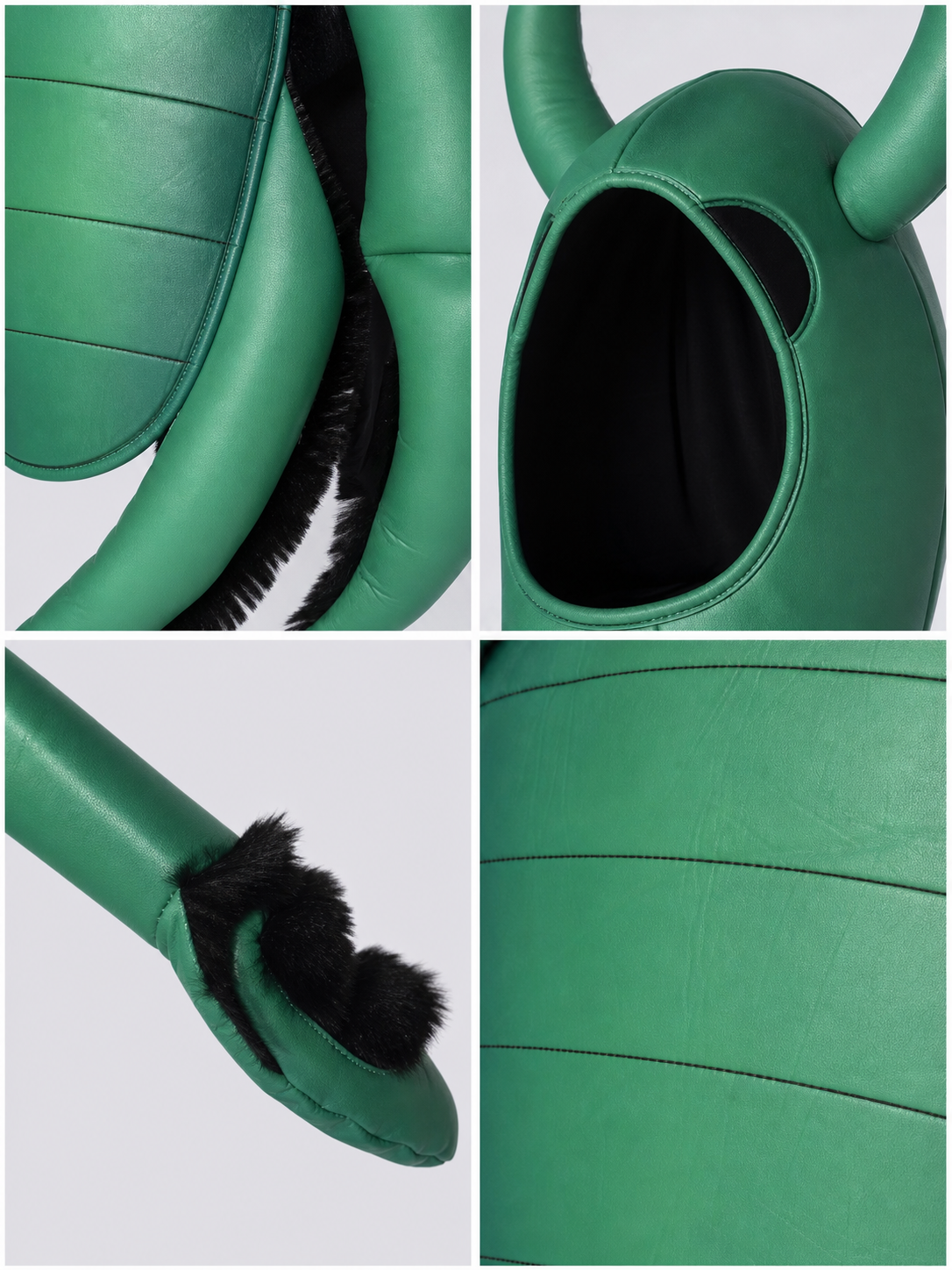 The beetle costume features a full-body insect silhouette with a large segmented green panel on the abdomen. The look is completed by a curved headpiece resembling horns, along with green side and hand elements that imitate insect limbs. Th