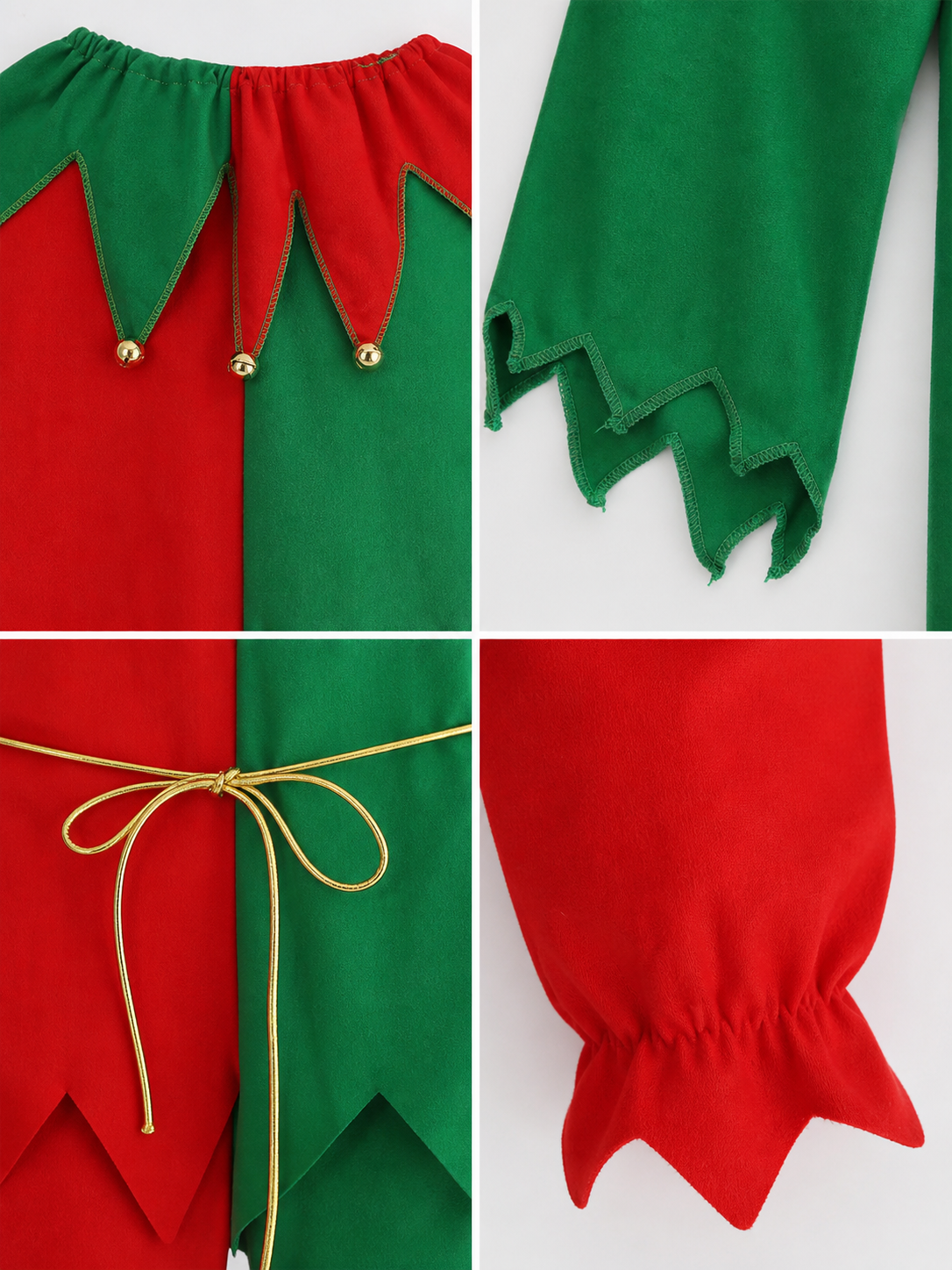 Children’s Christmas elf costume in festive red and green with gold and yellow