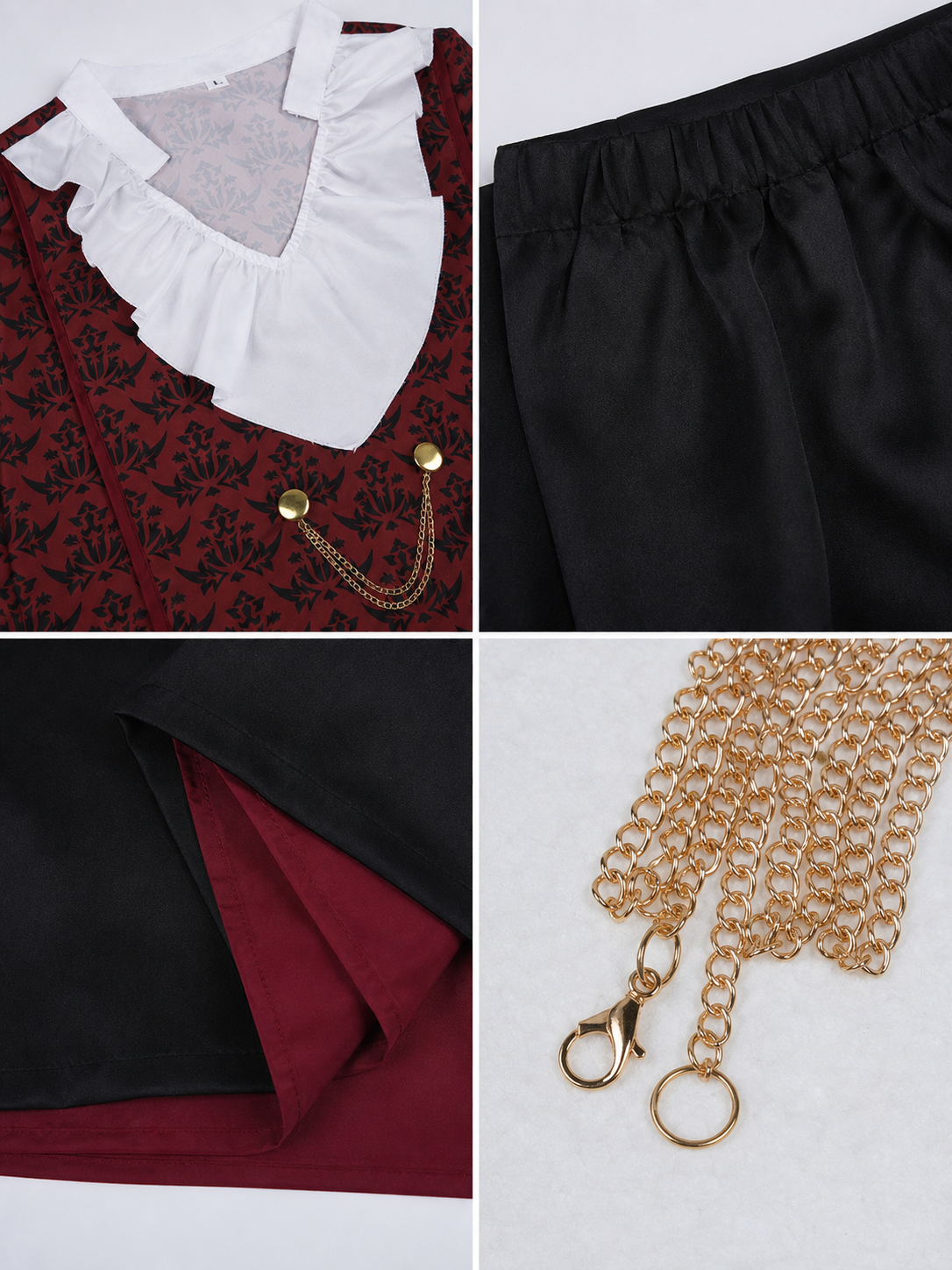 Cosplay costume with cape, chain, and trim