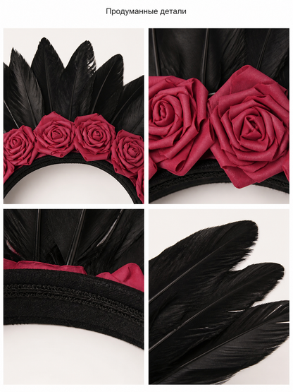 Carnival Headband with a Red Rose and Black Feathers detail view