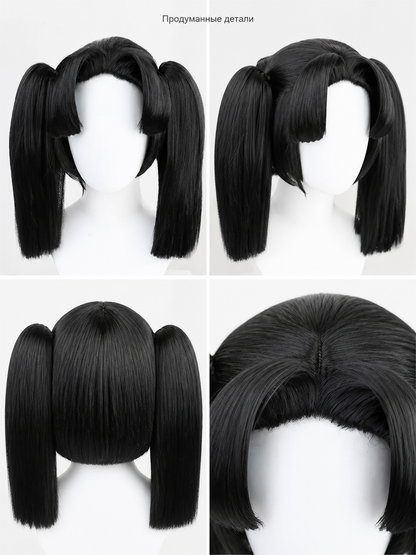 Black short anime wig with two ponytails for cosplay detail view