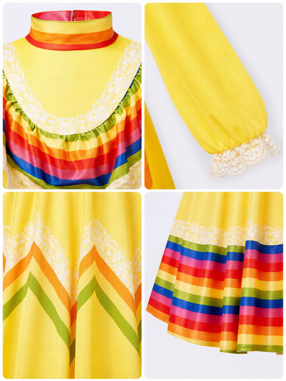 Costume dress with ruffles and rainbow trim