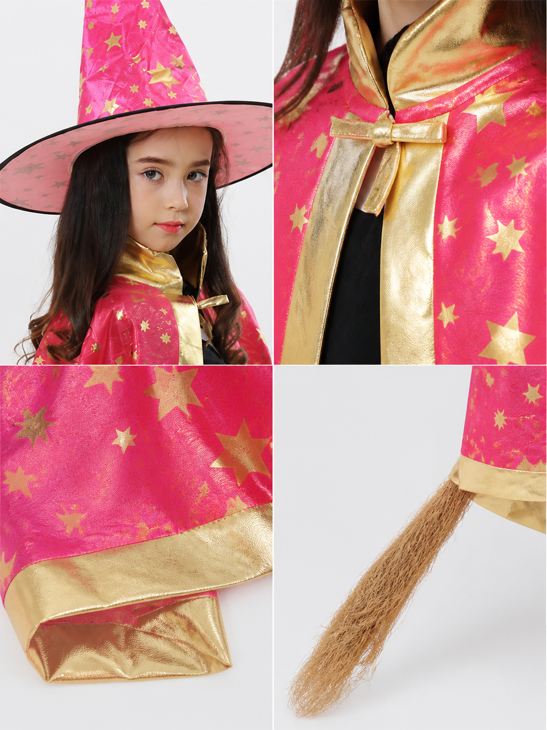 Costume Cloak with Pointed Hat, Raspberry, with Stars detail view