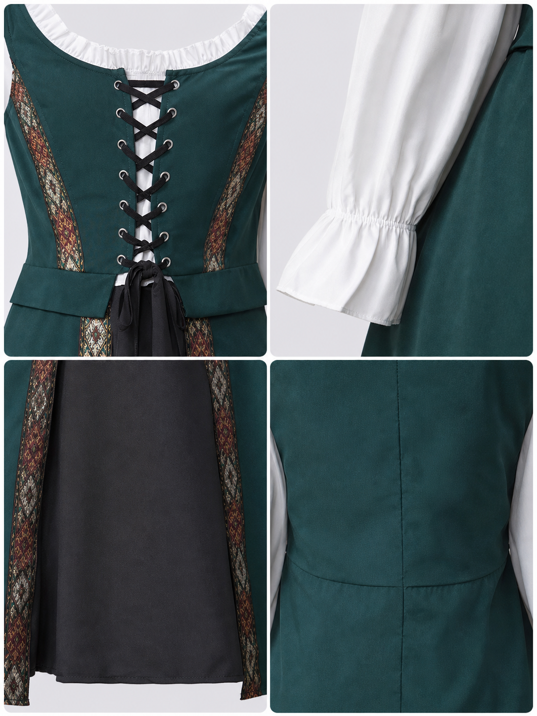 The retro dress is designed in a courtly style and comes with a woven headpiece. The dress is presented in deep green with long white sleeves, white trim along the edge of the collar and cuffs, and crisscross lacing at the front that emphas