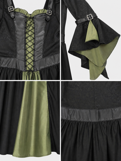 Long Witch-Style Dress with Sleeves and Lace-Up Detail