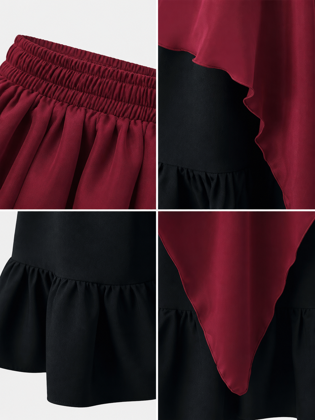Burgundy and Black Tiered Skirt with an Asymmetrical Hem