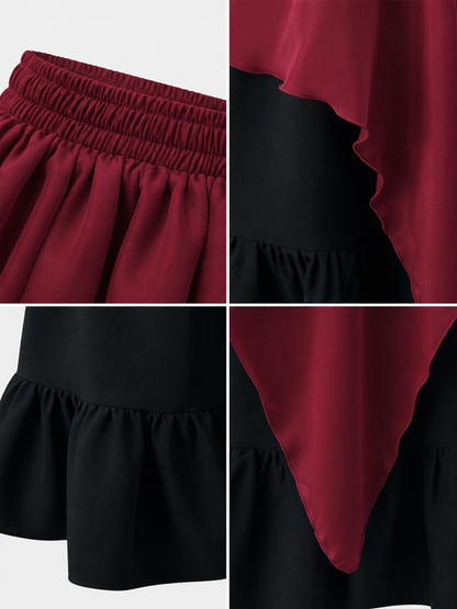 Burgundy and Black Tiered Skirt with an Asymmetrical Hem