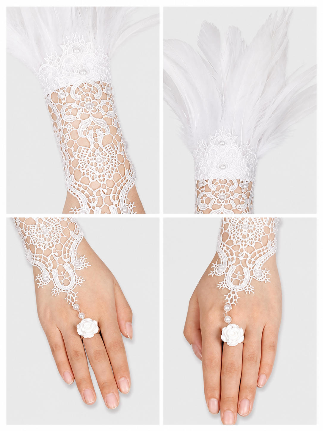 White Lace Finger-Loop Feather Gloves, Pair