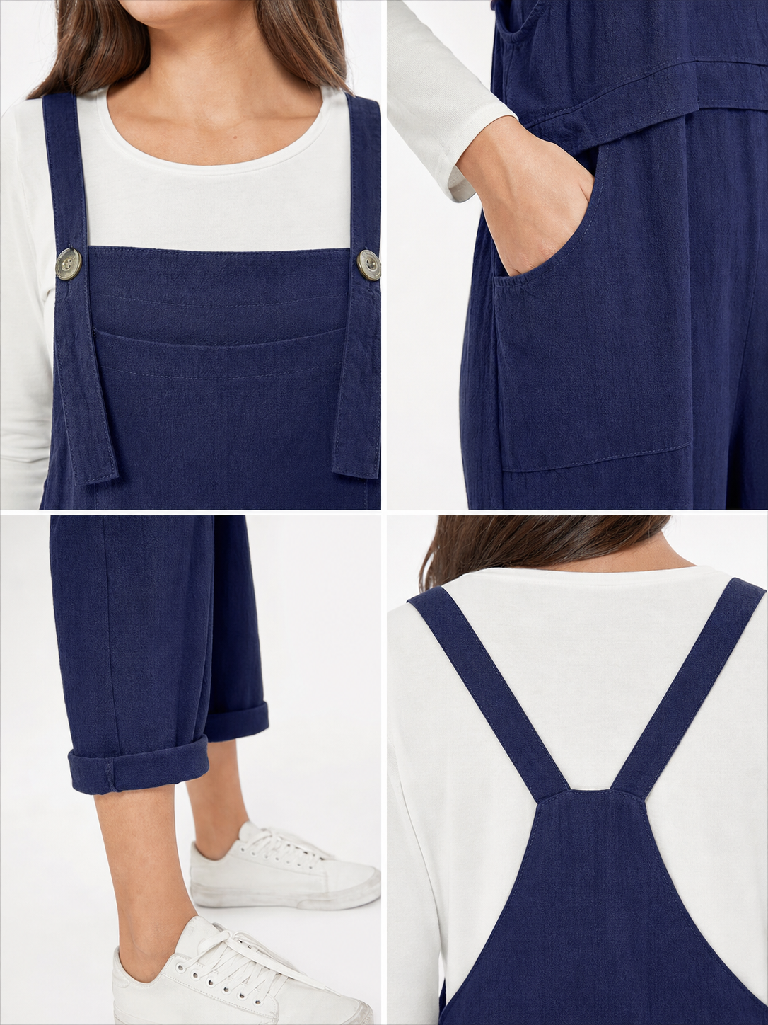 Loose-fit dark navy bib overalls with straps and pockets