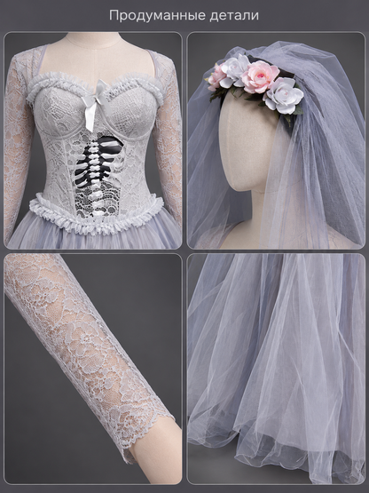 Gray carnival dress with a voluminous skirt and lacing
