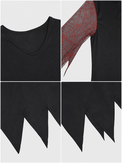 Halloween costume set for a standout look and themed events. The set includes a pointed wide-brim hat and a one-piece long-sleeve dress. The style is mostly black, while the semi-sheer sleeves made from lightweight mesh have a dark red-and-