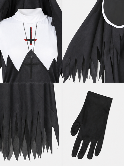 Zombie cosplay costume with a black cassock detail view