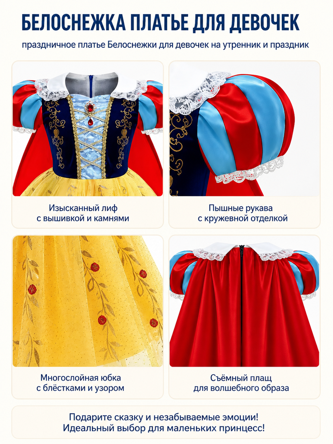 Snow White Dress with a Red Cape and Blue Bodice detail view