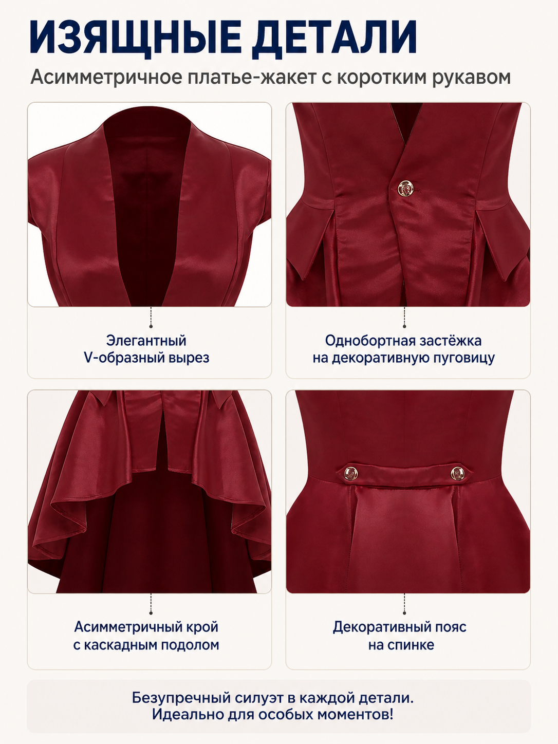 Burgundy tailcoat with tails and short sleeves detail view