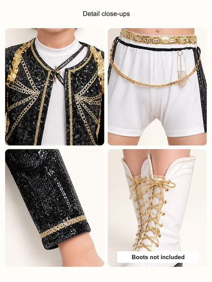 Kids' Black and White K-Pop Stage Costume Set detail close-ups of jacket, sleeve and shorts