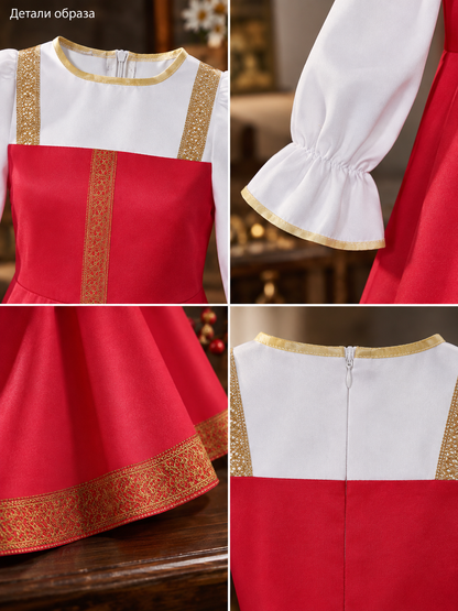 Red Folk Costume Dress for Cosplay with Gold-Tone Trim detail view