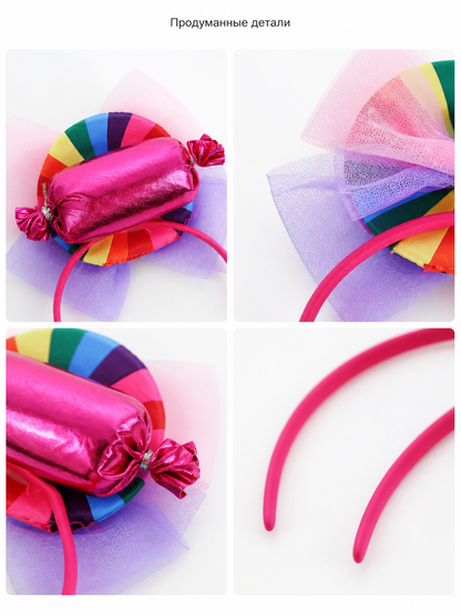 Rainbow Carnival Headband with Candy Decorations and Bow detail view