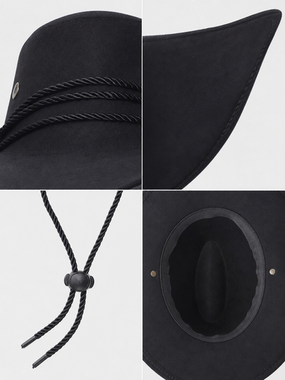 Black Wide-Brim Cowboy Hat with Braid
