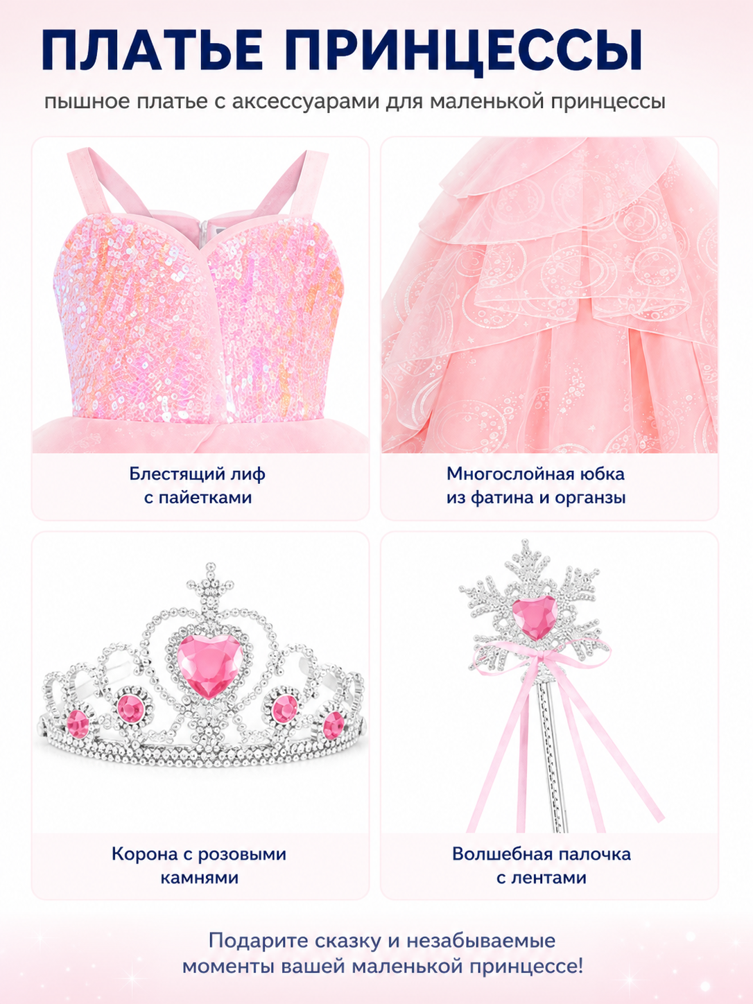 Pink Children's Halloween Costume with Crown and Wand detail view