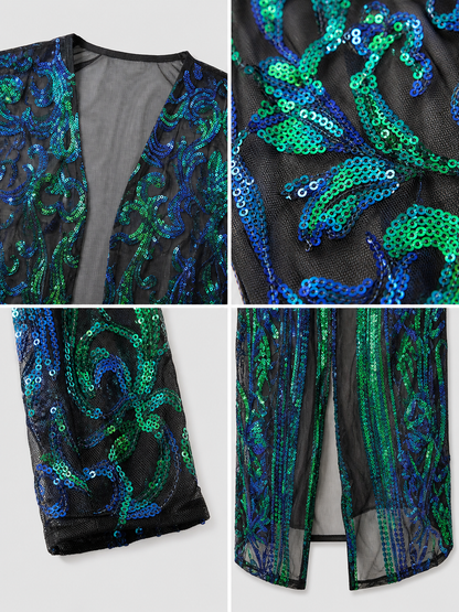 Long Sequin and Embroidered Open-Front Cardigan