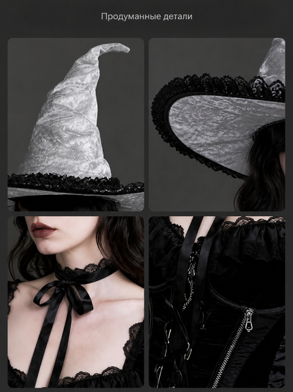 White and Black Witch Hat, Wide Brim Pointed Hat with Lace Trim and Curved product detail composite