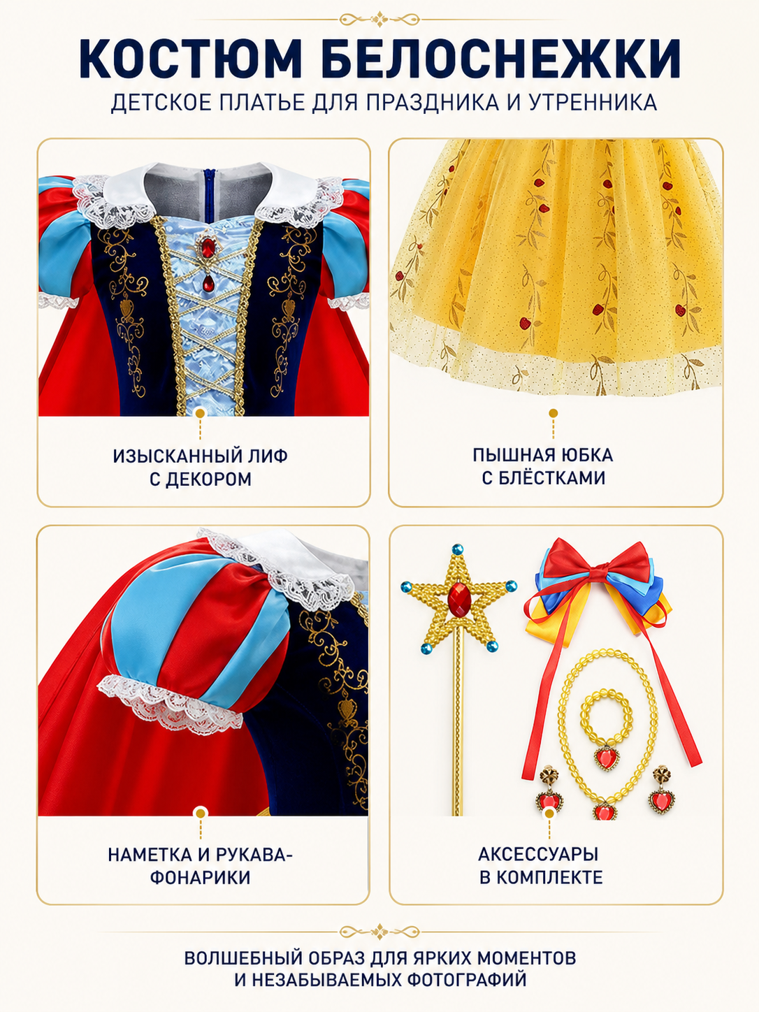 Snow White Princess Costume with Dress detail view