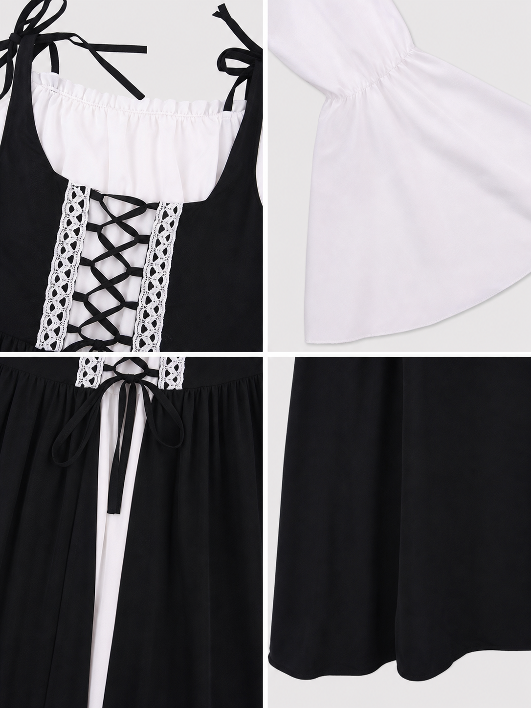 The dress is designed in a vintage medieval style and features characteristic elements of Renaissance-era clothing. The main part of the design is black, while the white details create a striking contrast. The fitted black bodice features a