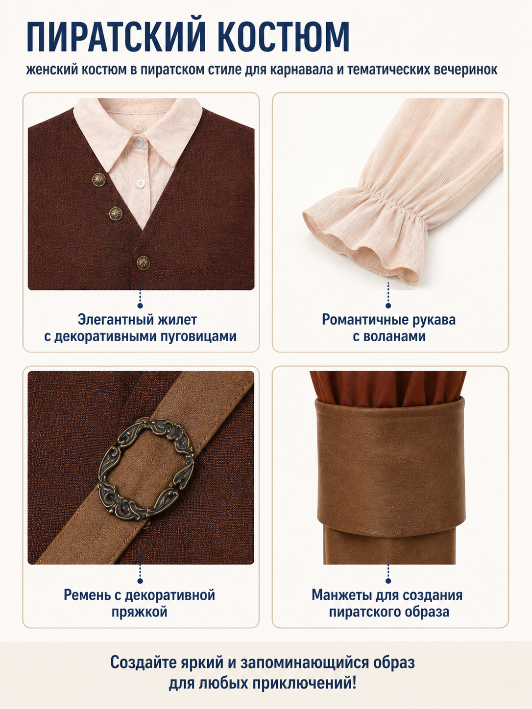 Pirate costume with vest, pants, and wide-brimmed hat detail view