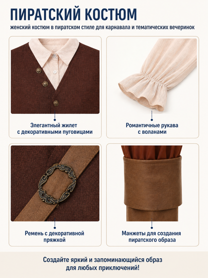 Pirate costume with vest, pants, and wide-brimmed hat detail view