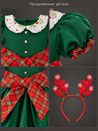 Dressy Dark Green Dress with Plaid Bow and Headband