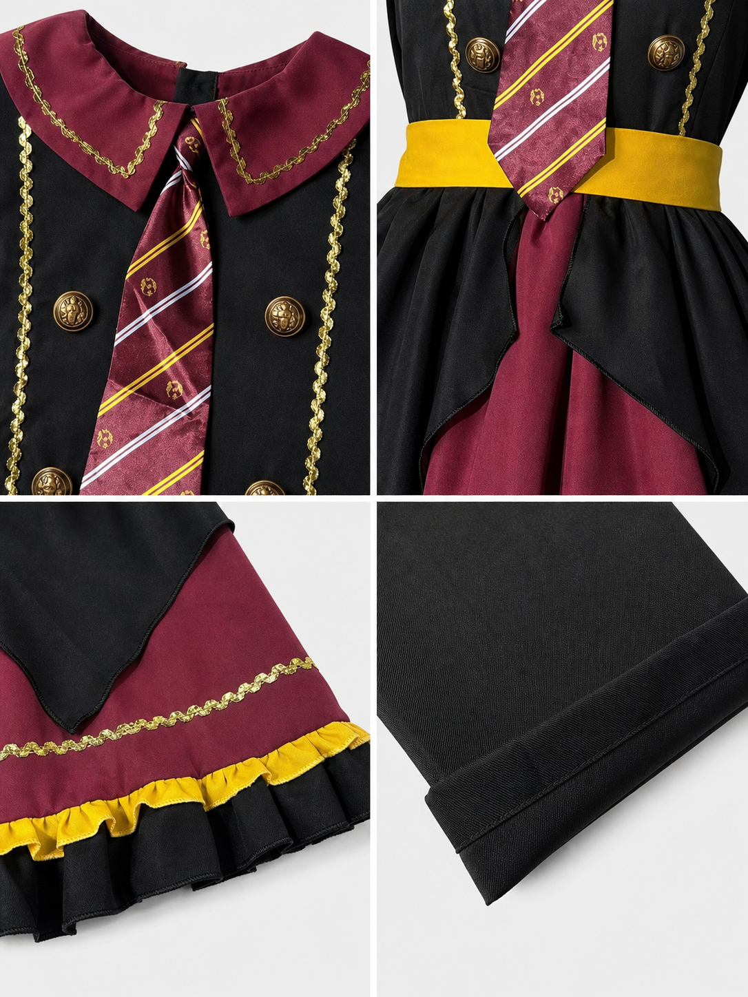 The costume dress features a combination of black, burgundy, gold, and yellow colors. The design has a black long sleeve and a burgundy notched collar attached to the dress bodice. The front is decorated with a diagonal striped panel, while